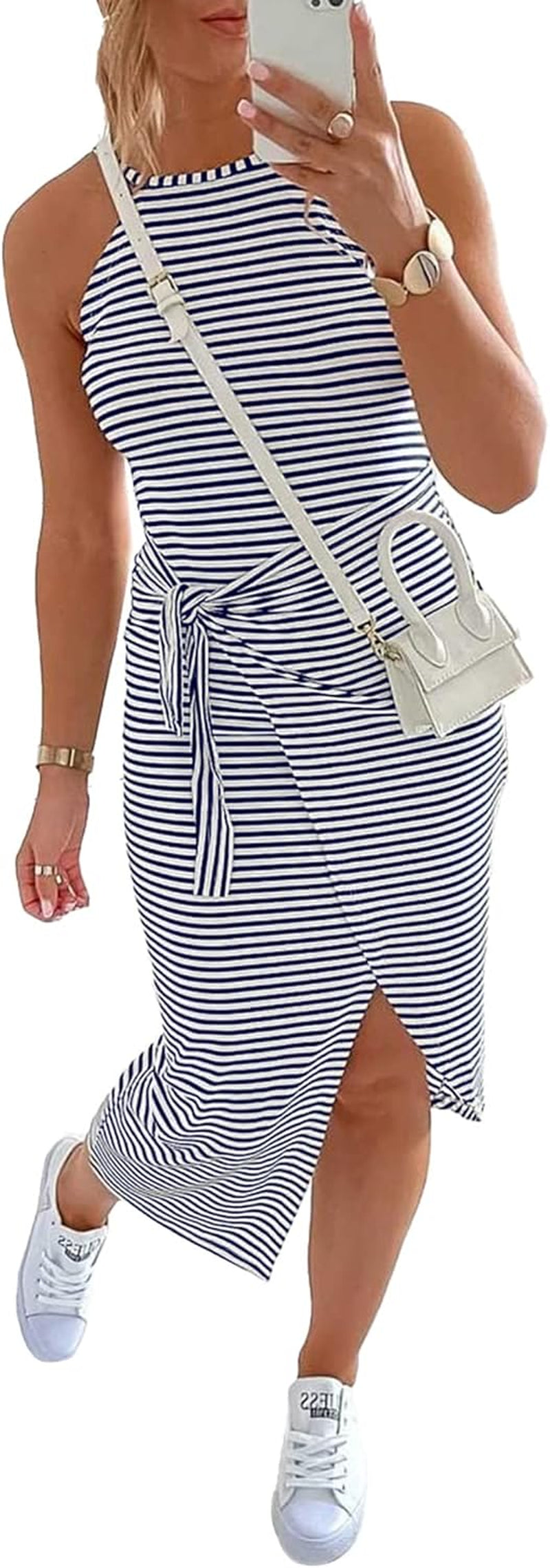 Women Casual Sleeveless Striped Tank Midi Dresses Halter Neck Ruched Bodycon Dresses Tie Waist T Shirt Summer Dress