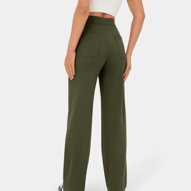 Fashion New Women'S Straight-Leg Casual Pants High-Waisted Buttoned Elastic Pockets Multiple Pockets Solid Pants