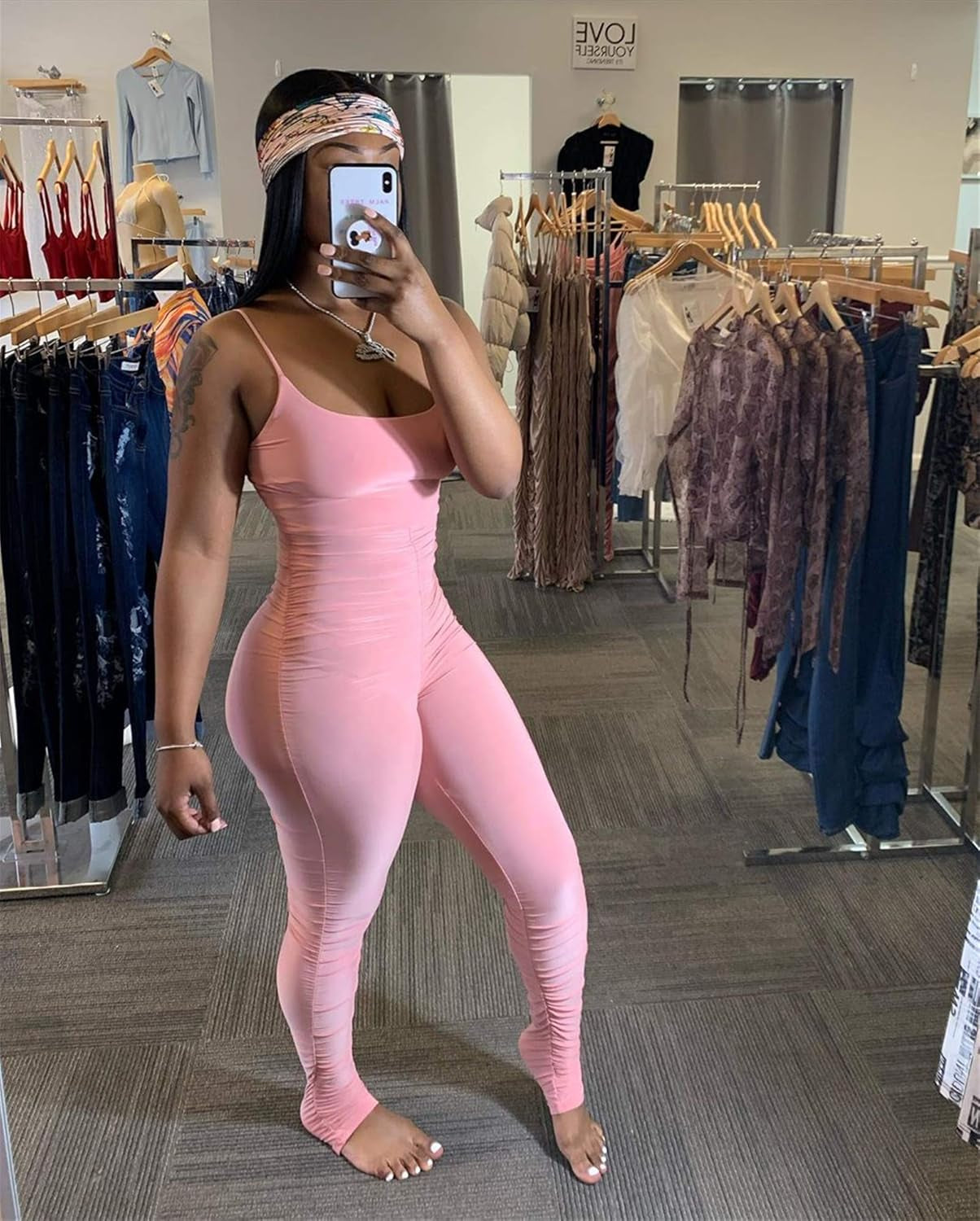 Women'S Sexy Spaghetti Strap Ruched Tank Bodycon Jumpsuits High Waist Bandage Rompers Long Pants Pink Small