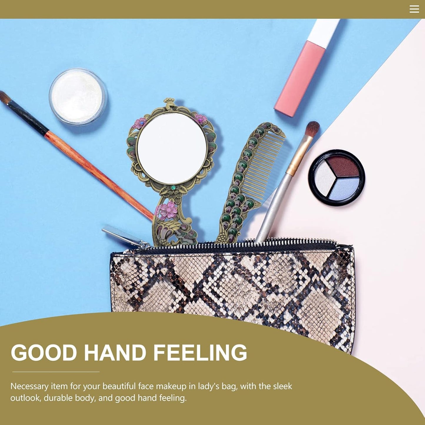 Elegant Vintage Peacock Handle Makeup Mirror Set - Portable Handheld Antique Cosmetic Mirrors for Travel and Personal Use