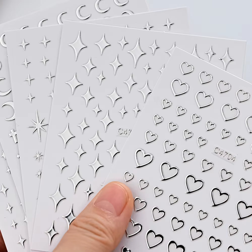 6 Sheets Metal Silver Nail Stickers Metallic 3D Star Nail Art Stickers Decals Self-Adhesive Nail Art Stickers Metal Chain Heart