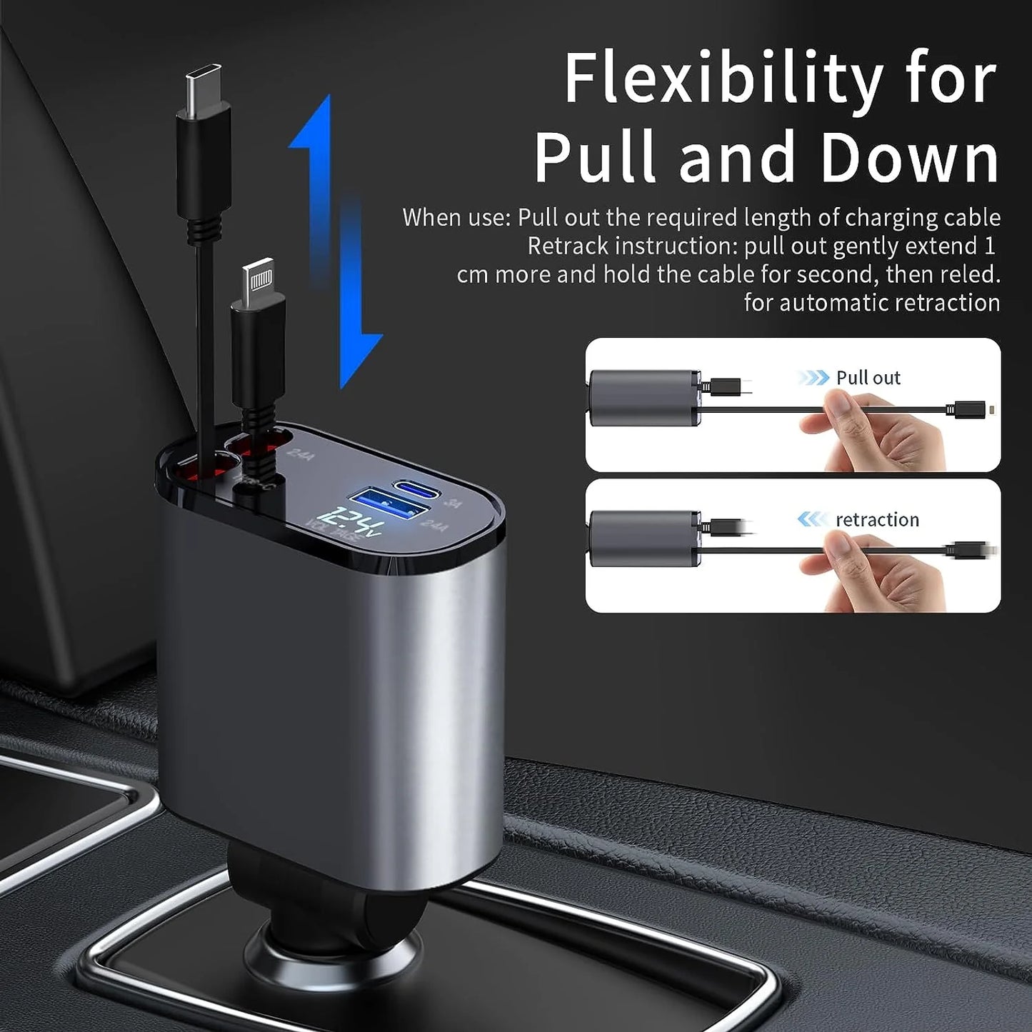 TIKTOK SHOP Retractable Car Charger, 4 in 1 Fast Car Phone Charger 66W, Retractable Cables and USB Car Charger, Compatible with iPhone 15/14/13/12/11,Galaxy,Pixel