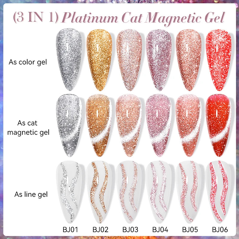 3-in-1 Platinum Rose Gold Cat Magnetic Gel Nail Polish - 7ML Moonlight Glitter UV Varnish for Stunning Semi-Permanent Manicures