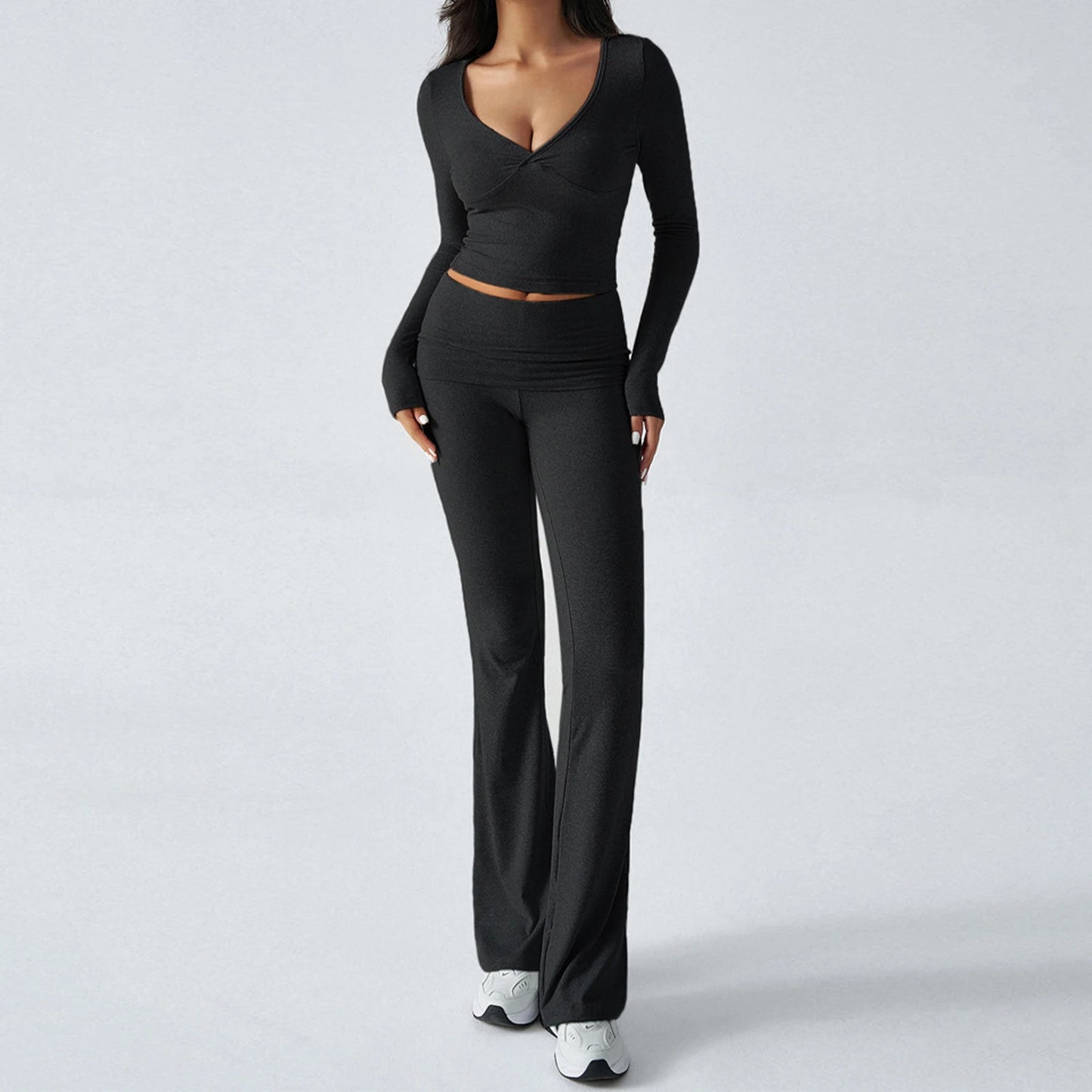 Women 2Pcs Exercise Gym Sets Activewear Knit V-Neck Tracksuit Crop Long Sleeves Tops Elastic Flared Pants Fitness Workout Sets