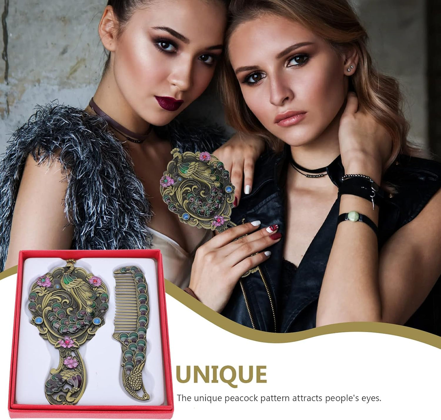 Elegant Vintage Peacock Handle Makeup Mirror Set - Portable Handheld Antique Cosmetic Mirrors for Travel and Personal Use