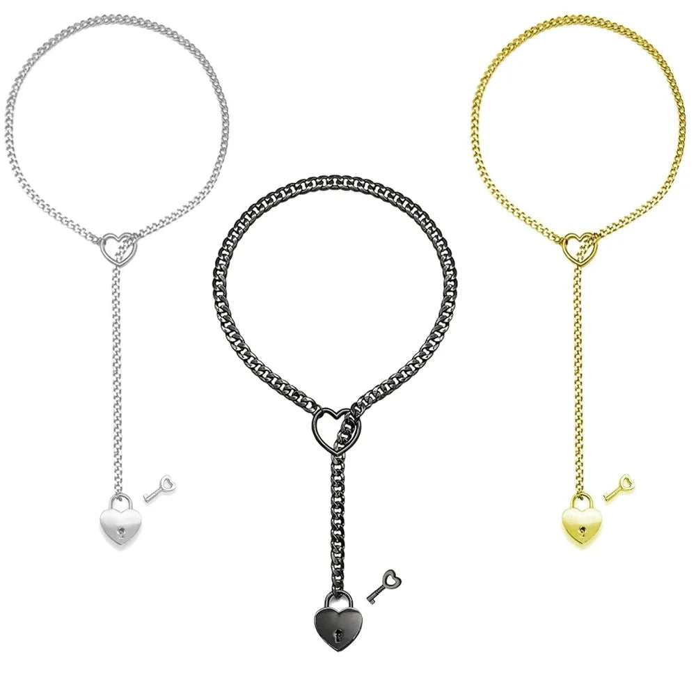 Heart Chain Necklace with Key & Heart Lock Pendant - Adjustable Gold, Silver, or Black Design
