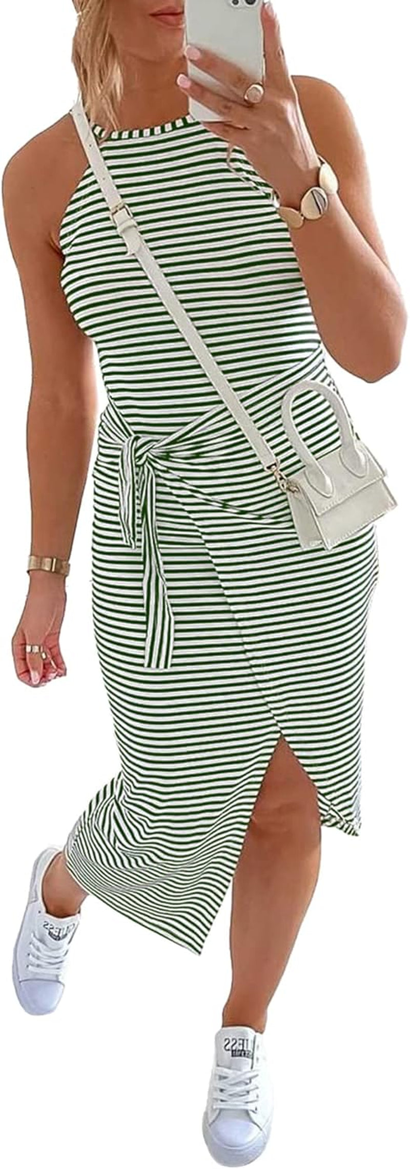 Women Casual Sleeveless Striped Tank Midi Dresses Halter Neck Ruched Bodycon Dresses Tie Waist T Shirt Summer Dress