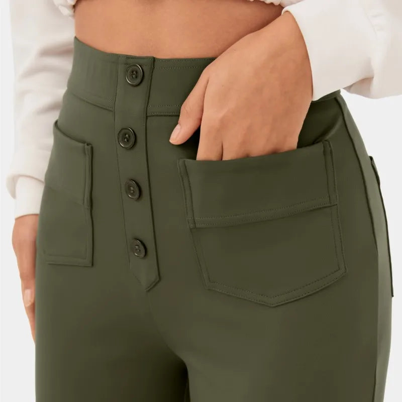 Fashion New Women'S Straight-Leg Casual Pants High-Waisted Buttoned Elastic Pockets Multiple Pockets Solid Pants