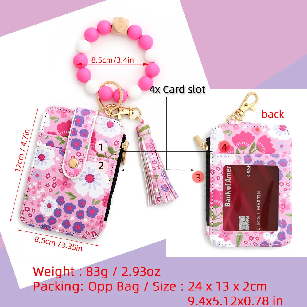 2024 Silicone Bead Bracelet Leather Card Bag Wristlet Keychain Silicone Bracelet Wallet Bangle Floret Printed Fragmented ID Bag