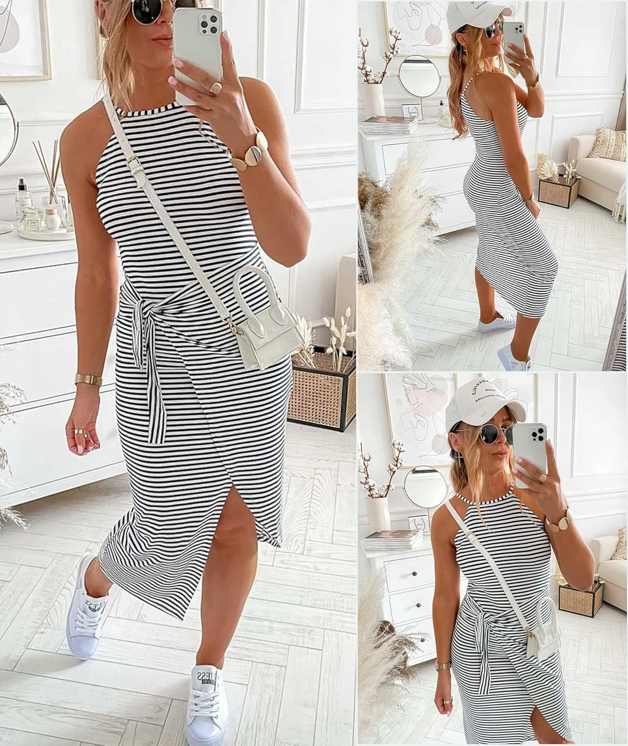 Women Casual Sleeveless Striped Tank Midi Dresses Halter Neck Ruched Bodycon Dresses Tie Waist T Shirt Summer Dress