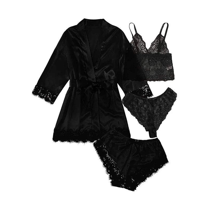 Summer 4 Piece Set of Women'S Lace Underwear Paired with Pajama Waistband Outer Robesexy Pajama Lace Patchwork Home Pajama Set