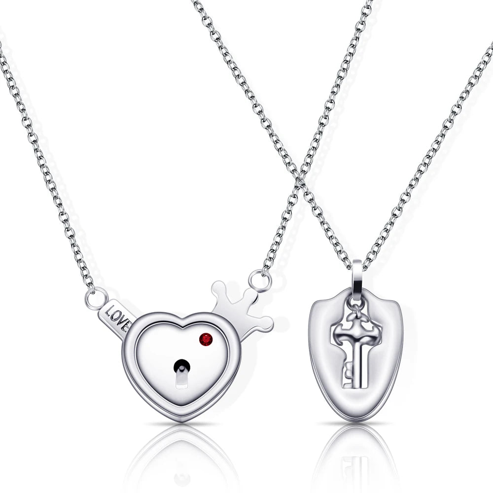 Stainless Steel Love Heart Jewelry Set - Elegant Lock & Key Pendant Necklace and Bracelet Combination