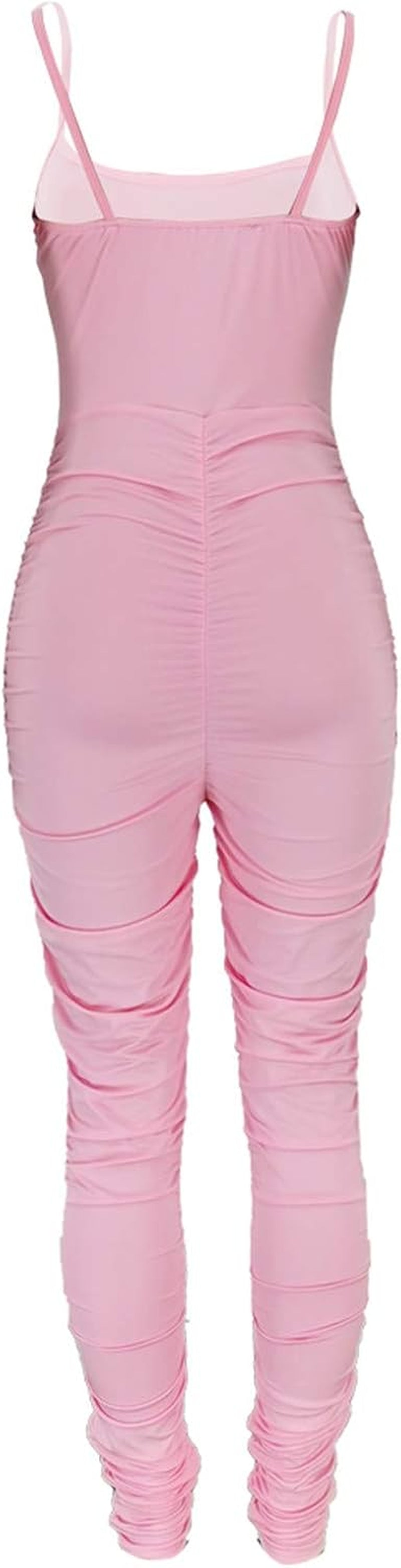 Women'S Sexy Spaghetti Strap Ruched Tank Bodycon Jumpsuits High Waist Bandage Rompers Long Pants Pink Small