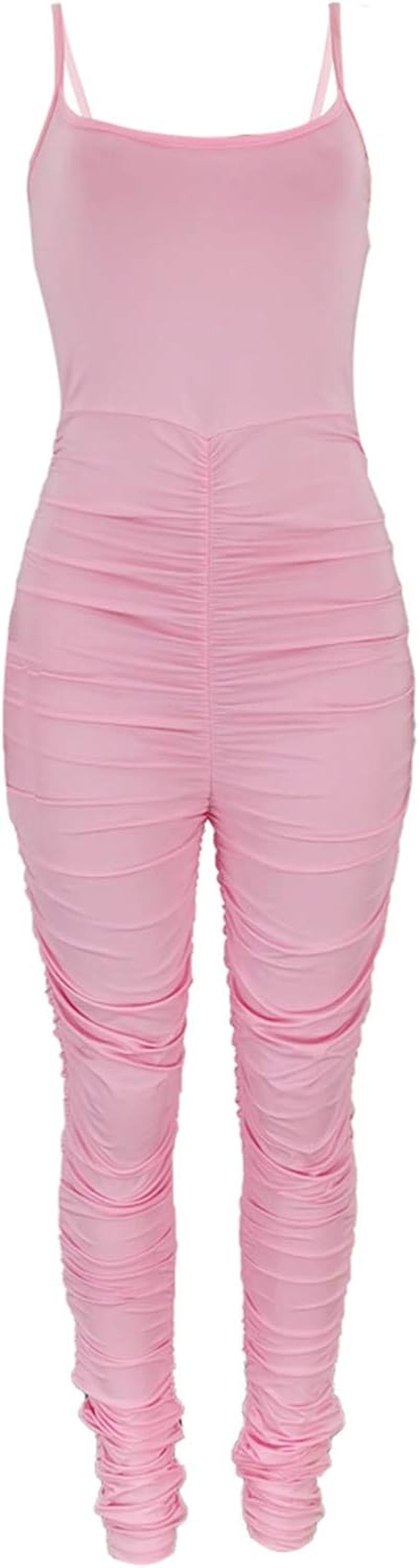 Women'S Sexy Spaghetti Strap Ruched Tank Bodycon Jumpsuits High Waist Bandage Rompers Long Pants Pink Small