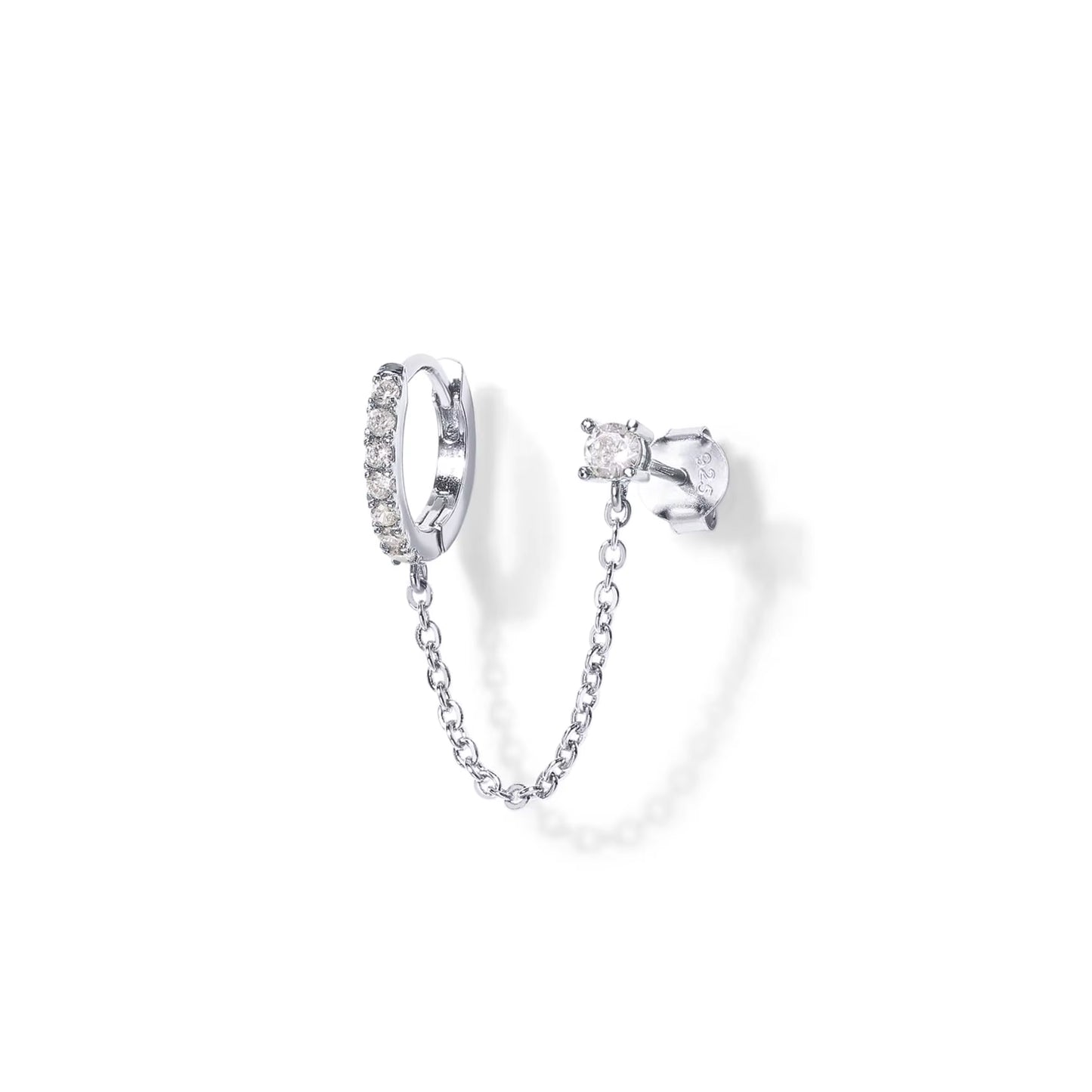 14K Gold Chain Earrings- Double Piercing Dangle Chain- Stud