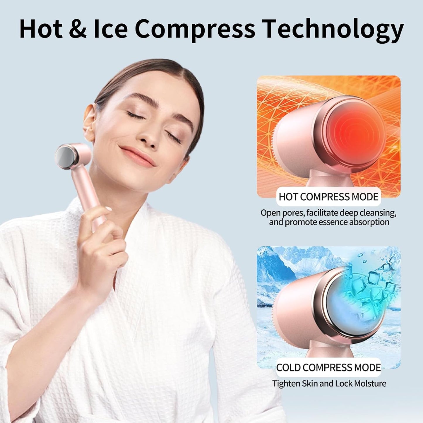 Ultimate 8-in-1 Electric Facial Cleansing Brush – Hot & Cold Compress, 6 Brush Heads, 3 Spin Speeds, Waterproof Exfoliator, Massager (Pink)