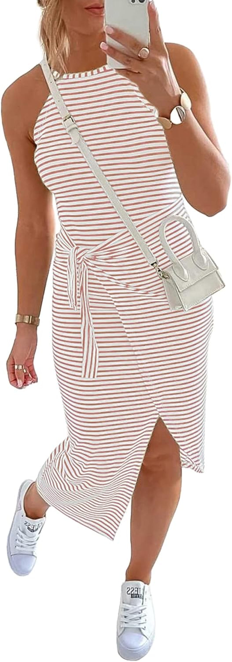 Women Casual Sleeveless Striped Tank Midi Dresses Halter Neck Ruched Bodycon Dresses Tie Waist T Shirt Summer Dress