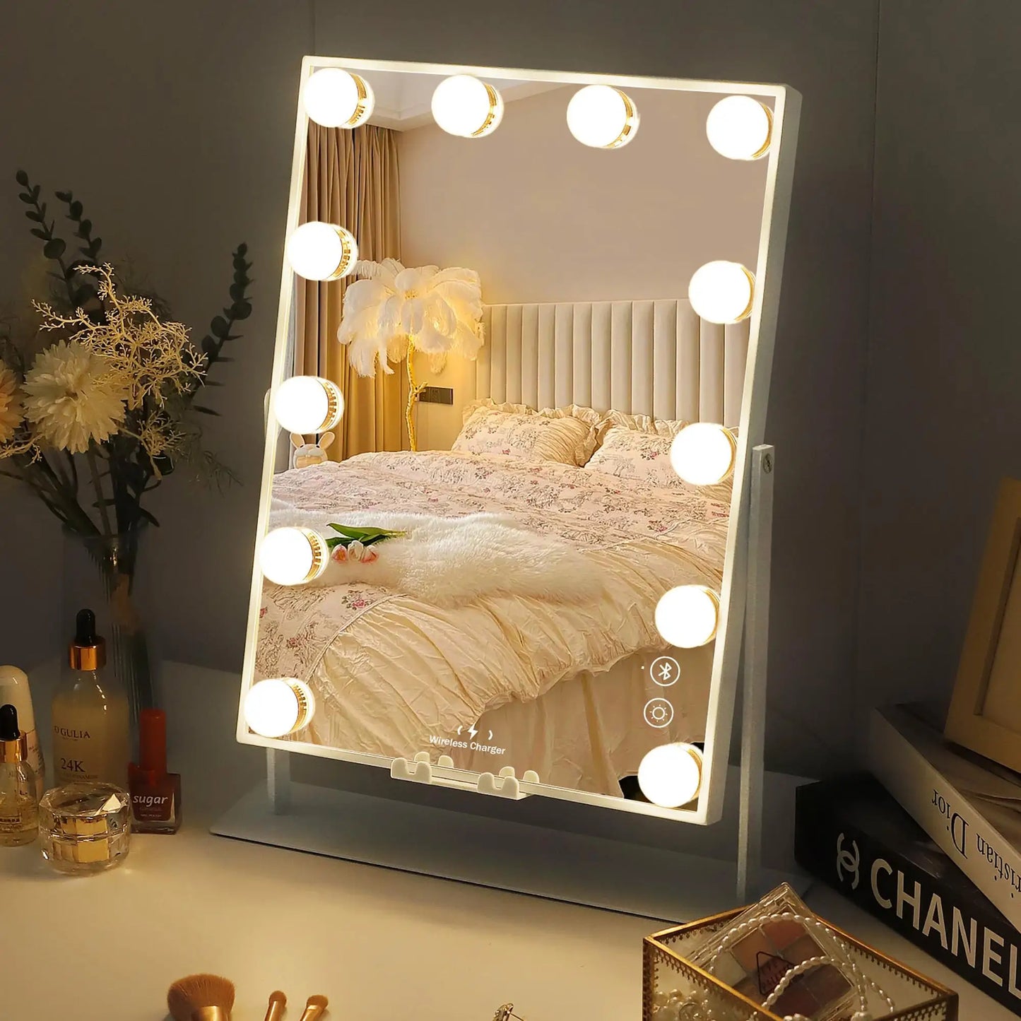 Illuminate Your Beauty: FENCHILIN White Hollywood Vanity Mirror with Dimmable Lights, Bluetooth Speaker, and Wireless Charger