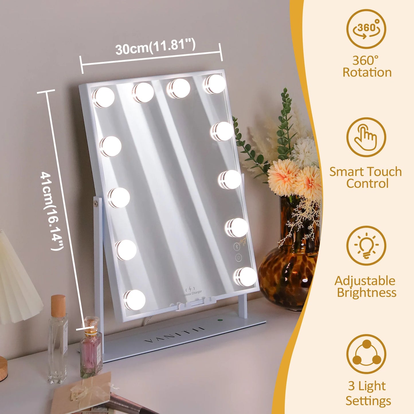 Illuminate Your Beauty: FENCHILIN White Hollywood Vanity Mirror with Dimmable Lights, Bluetooth Speaker, and Wireless Charger