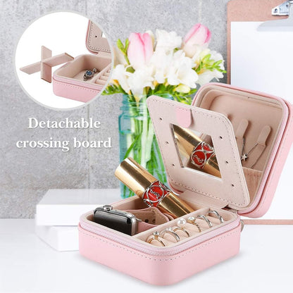 Vc-Ssb08-Pink Travel Jewellery Box for Jewellery Storage, Faux Leather Mini Jewellery Travel Case with Mirror for Necklaces Bracelets Earrings Rings Pink, Pink, Travel