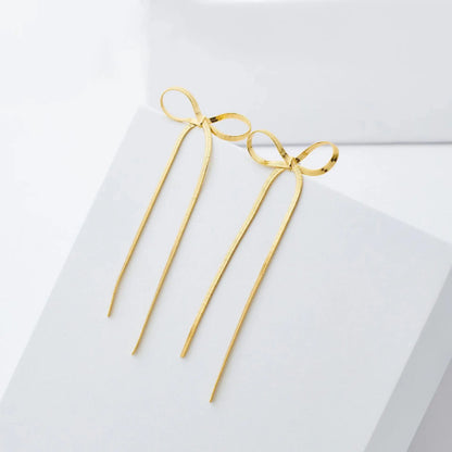Fashion Long Tassel Bow Earrings for Women Stainless Steel Flat Snake Chain Bowknot Drop Earrings Statement Jewelry Girls Gift