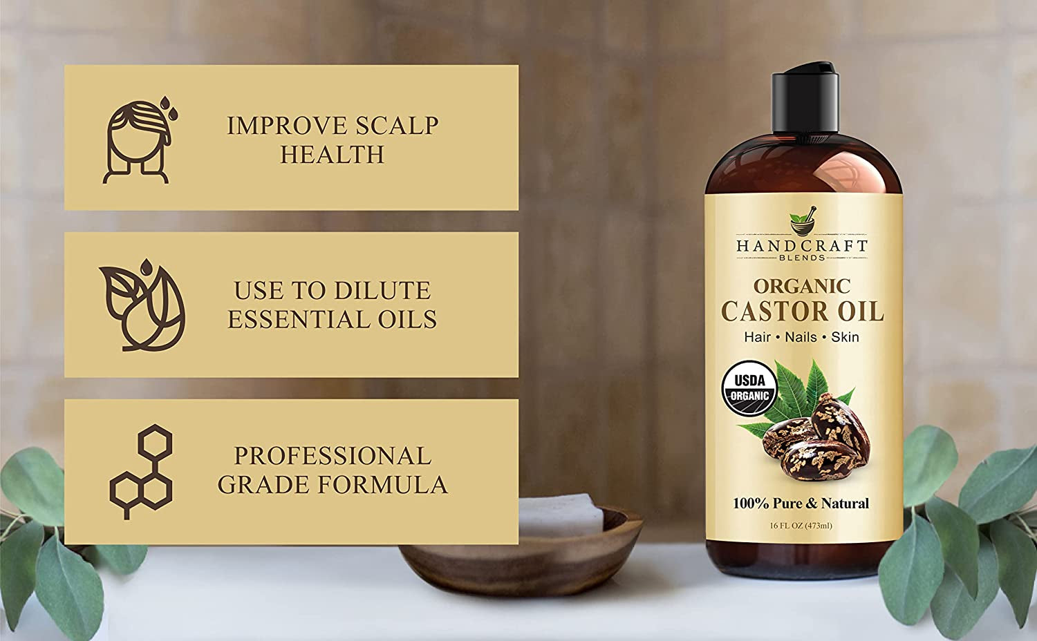Organic Castor Oil - 16 Fl Oz - 100% Pure and Natural - Premium Grade Carrier Oil for Hair Growth, Eyelashes and Eyebrows - Hair and Body - Expeller-Pressed& Hexane-Free
