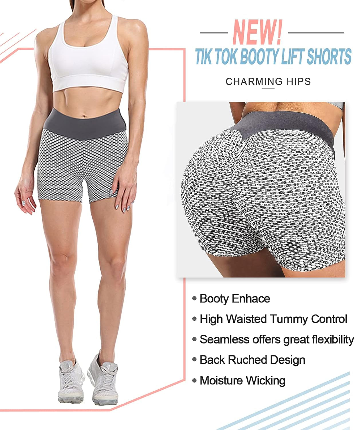 Women Tiktok Booty Shorts Butt Lifting High Waist Tummy Control Workout Running Gym Textured Ruched Shorts Gray
