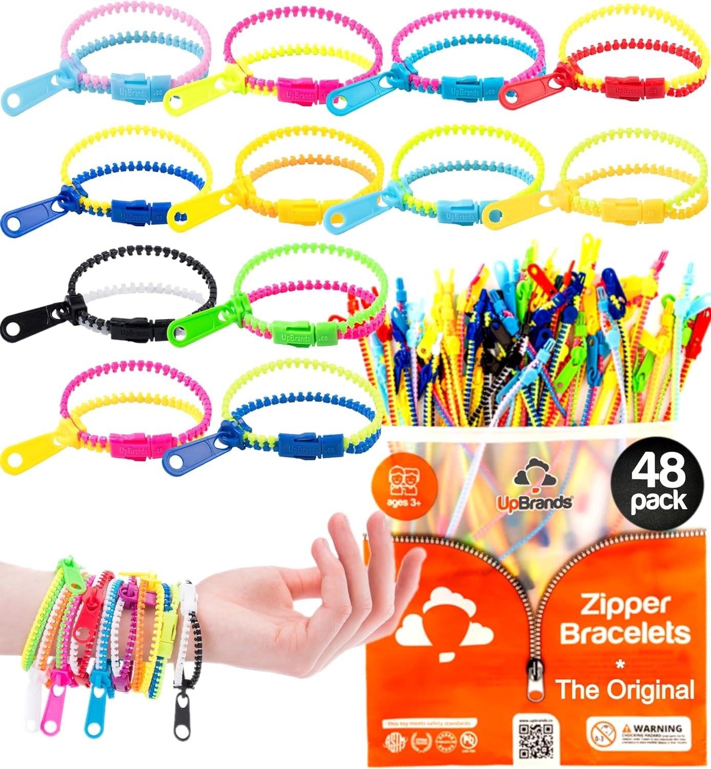 48 Fidget Toys Friendship Zipper Bracelets 7 ½”, Party Favors for Kids, Sensory Bulk Set Neon Colors, Kit for Valentines, Birthday, Goodie Bag, Easter Egg Basket Stuffers, Pinata Fillers