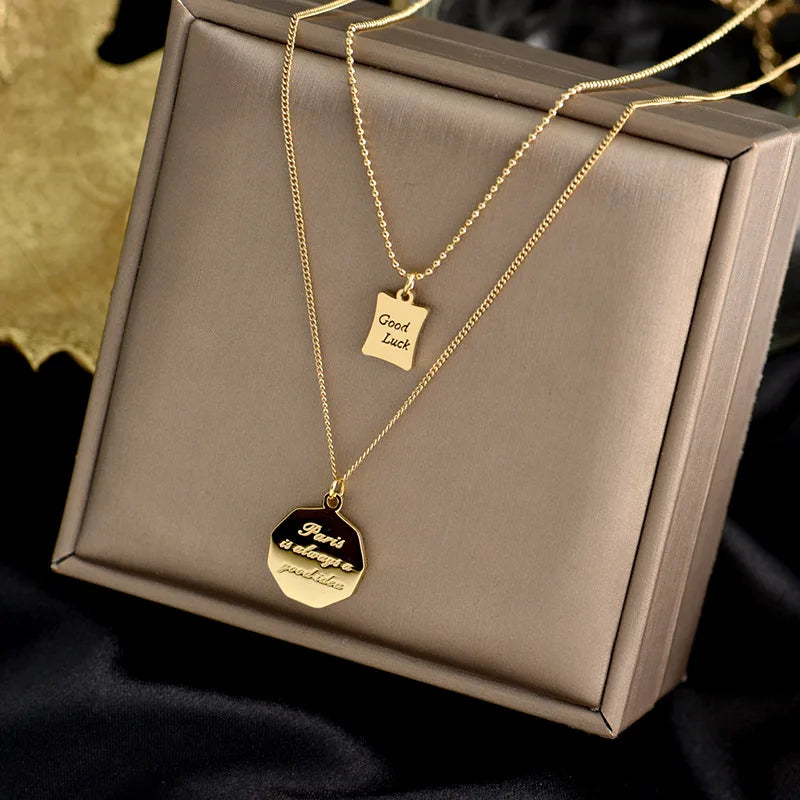 Luxury Titanium Steel Square Necklace Feeling Roman Digital Good Luck Leter Pendant Neck Chain Sexy Girl Jewelry