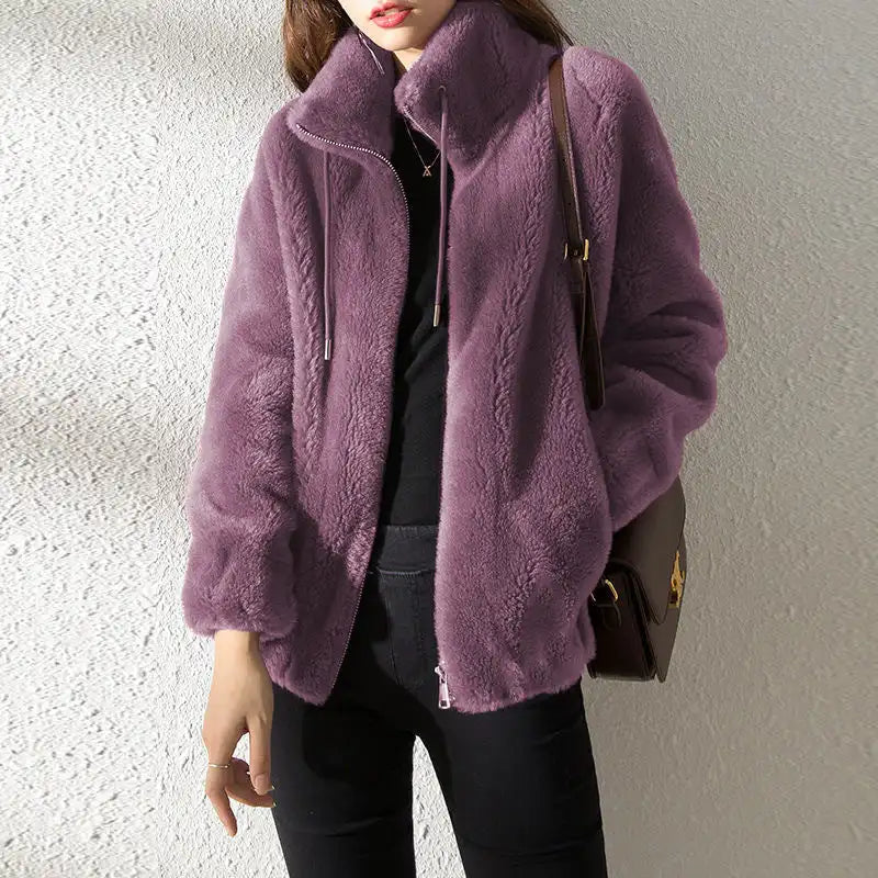 Cozy Double-Faced Fleece Jacket for Couples - Chic Padded Stand-Collar Winter Coat in Trendy Solid Colors