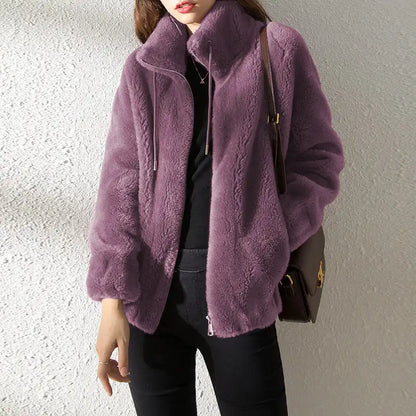 Cozy Double-Faced Fleece Jacket for Couples - Chic Padded Stand-Collar Winter Coat in Trendy Solid Colors