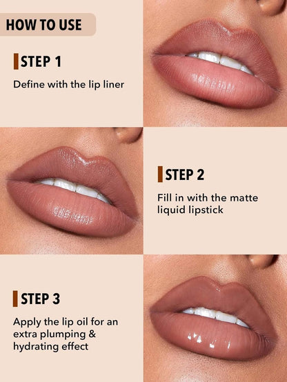 Soft 90'S Glam 3-In-1 Lip Liner Moisturizing Plant Extracts Long Lasting Liquid Lipstick Plumping Lip Gloss Makeup Set - Pouty Nude
