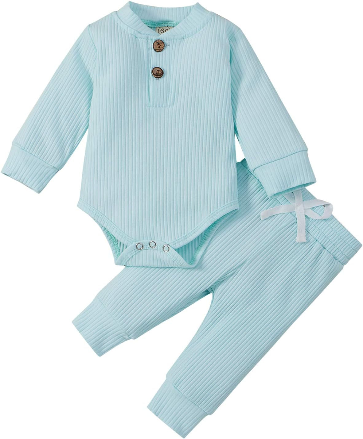 Cozy & Stylish Winter Newborn Unisex Outfit Set - Ribbed Long Sleeve Top & Pants 2PCS