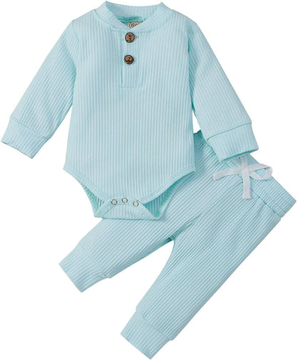 Cozy & Stylish Winter Newborn Unisex Outfit Set - Ribbed Long Sleeve Top & Pants 2PCS