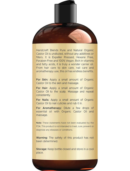 Organic Castor Oil - 16 Fl Oz - 100% Pure and Natural - Premium Grade Carrier Oil for Hair Growth, Eyelashes and Eyebrows - Hair and Body - Expeller-Pressed& Hexane-Free