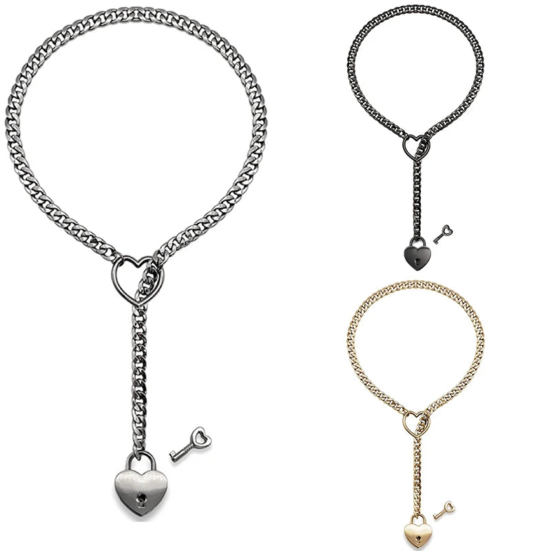 Fashion Womens Slip Chain Necklace Heart O-Ring Rock Cuban Long Necklace Adjustable Heart Shaped Lock Core with Key 2024 New