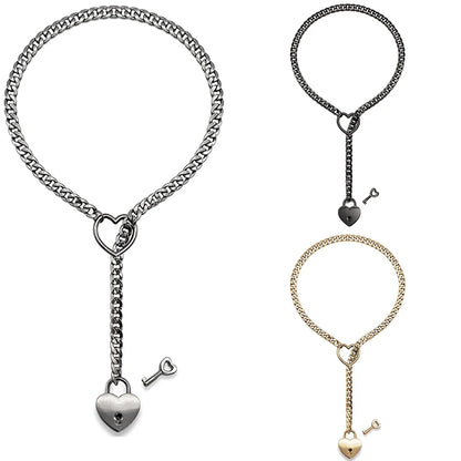 Fashion Womens Slip Chain Necklace Heart O-Ring Rock Cuban Long Necklace Adjustable Heart Shaped Lock Core with Key 2024 New