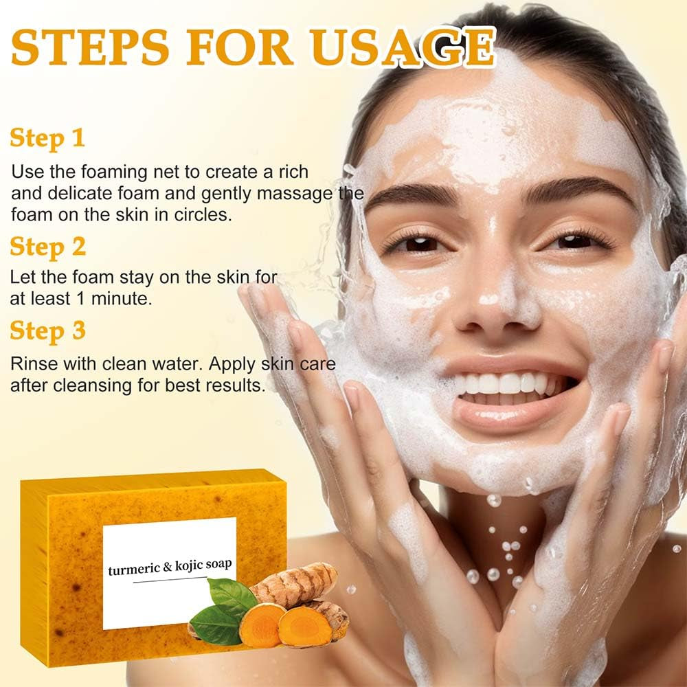 Lemon Turmeric Kojic Soap,Natural Handmade Soapes,Turmeric Soap Bar for Face and Body, Smooth Skin Tumeric Soaps,Deep Cleansing Soaps for Men & Women (3 PCS)
