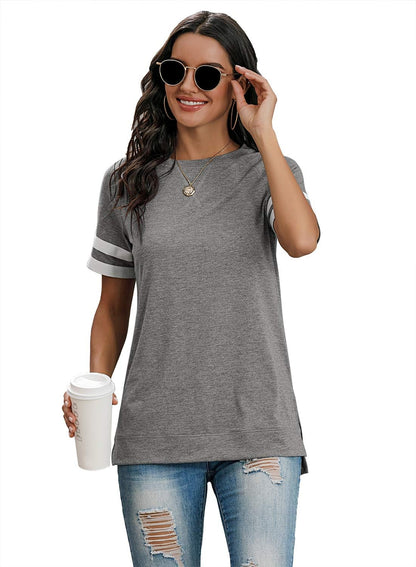 Women Tops Summer Short Sleeve Shirts Casual Loose Side Split Tunic Top S-2XL