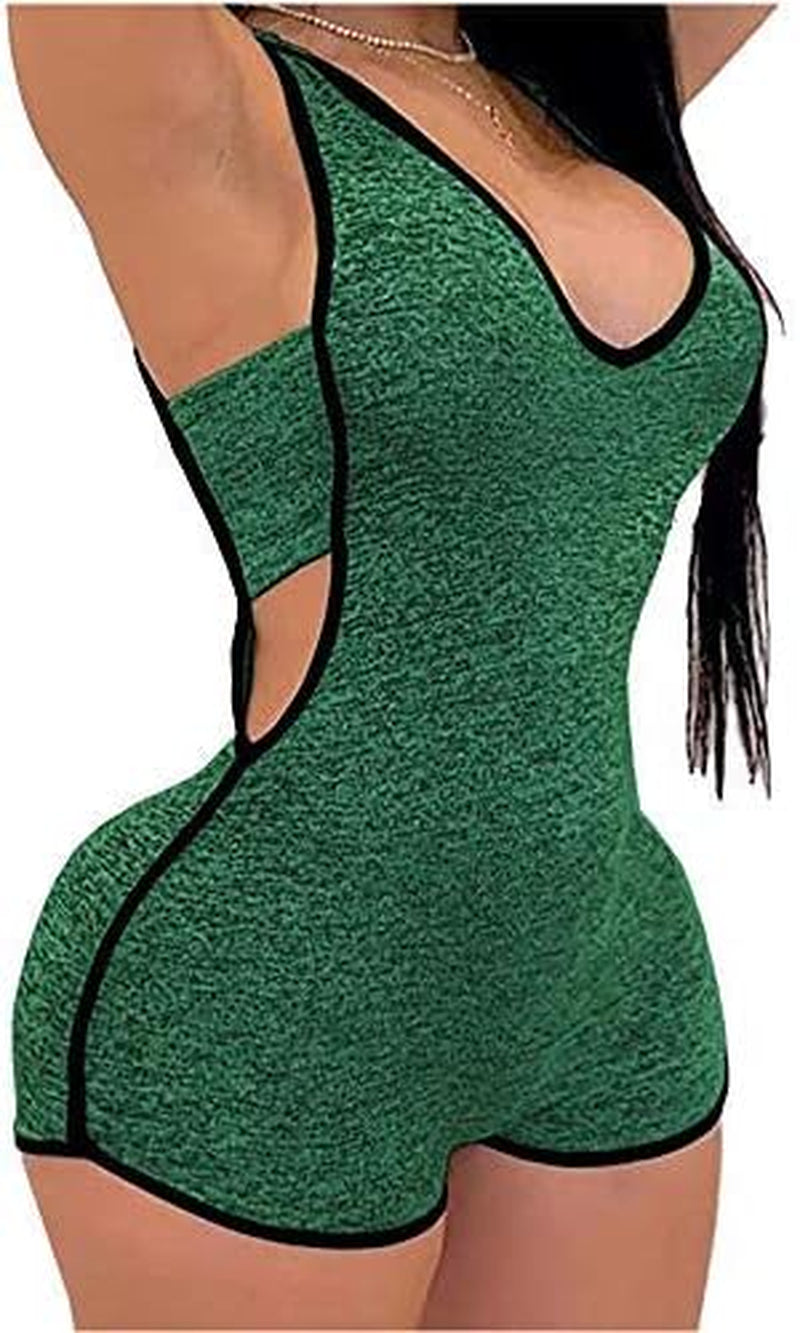 Women'S Stretch Sleeveless Hooded Bodysuit Ladies Sports Gym Leotard Jumpsuit Shorts One Piece Short Catsuit (Green,Xx-Large)