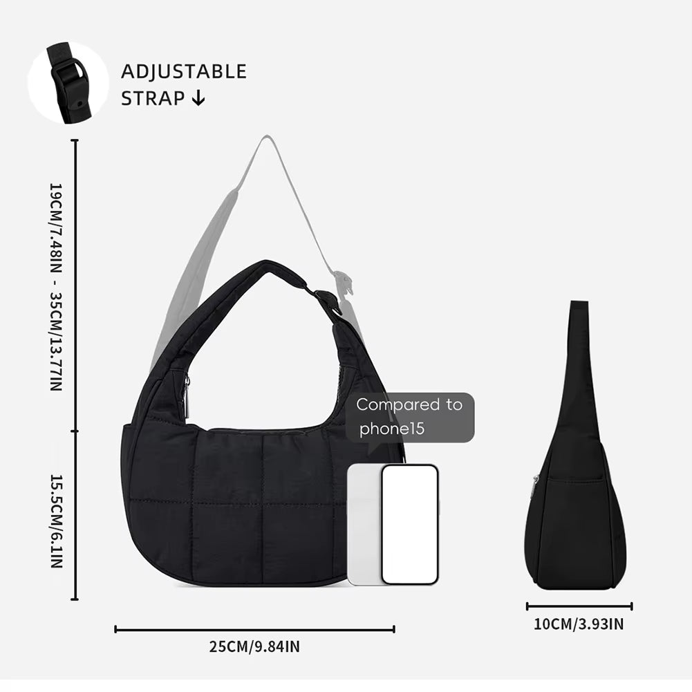 Puffer Crescent Bag -Quilted Underarm Bag- Nylon Adjustable  Shoulder Strap Purse- Work/ Travel