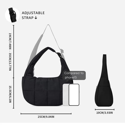 Puffer Crescent Bag -Quilted Underarm Bag- Nylon Adjustable  Shoulder Strap Purse- Work/ Travel