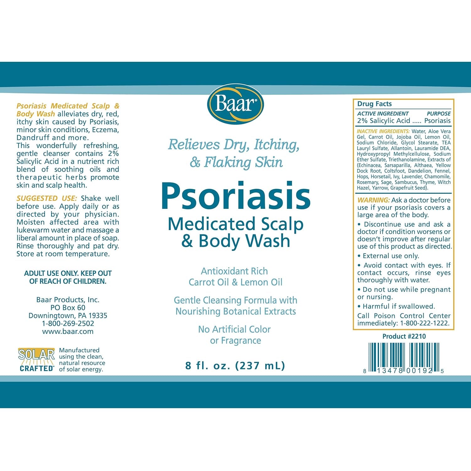 Psoriasis Therapeutic Scalp & Body Wash, Soothing Healing Formula with 2% Salicylic Acid and Antioxidant-Packed Botanicals like Carrot and Lemon Oil to Relieve Itchy, Dry Skin, 8 Fl Oz