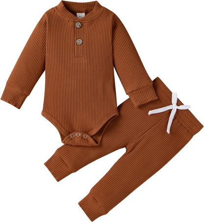 Cozy & Stylish Winter Newborn Unisex Outfit Set - Ribbed Long Sleeve Top & Pants 2PCS