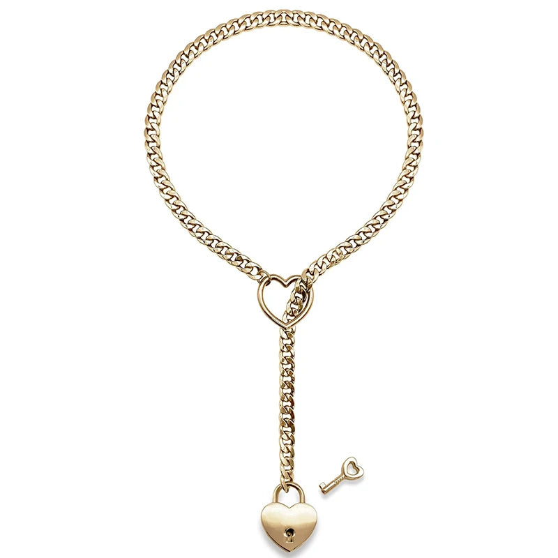 Fashion Womens Slip Chain Necklace Heart O-Ring Rock Cuban Long Necklace Adjustable Heart Shaped Lock Core with Key 2024 New