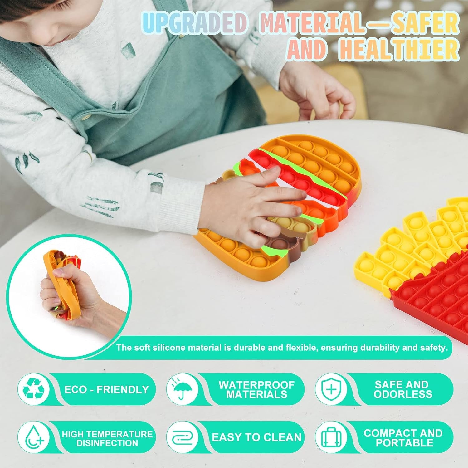 2PCS Push Bubble Pop Fidget Sensory Toy, Autism Special Needs Silicone Stress Reliever Toy, Anti-Anxiety Squeeze Sensory Toy for Kids Teens Adults Girls Boys (Fries&Burger)