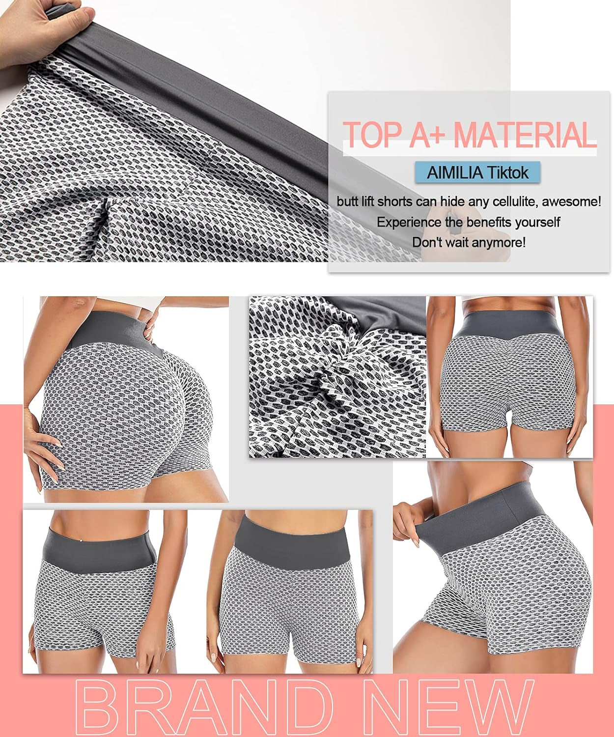 Women Tiktok Booty Shorts Butt Lifting High Waist Tummy Control Workout Running Gym Textured Ruched Shorts Gray
