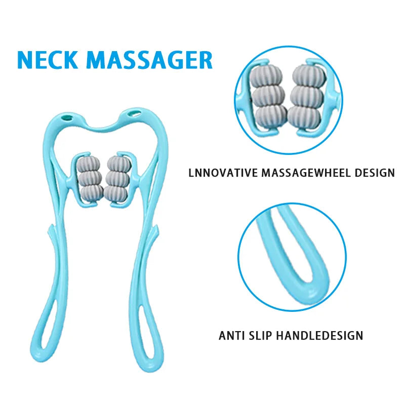 Premium Neck Massager with 6 Rotating Wheels - Versatile Relief for Neck, Legs, and Arms in Stylish Pink & Blue