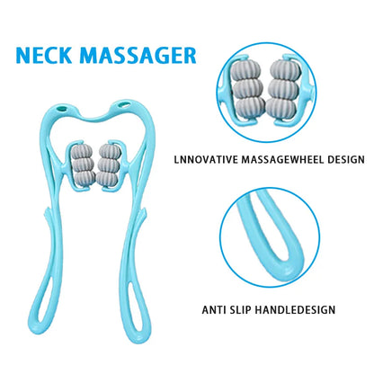 Premium Neck Massager with 6 Rotating Wheels - Versatile Relief for Neck, Legs, and Arms in Stylish Pink & Blue