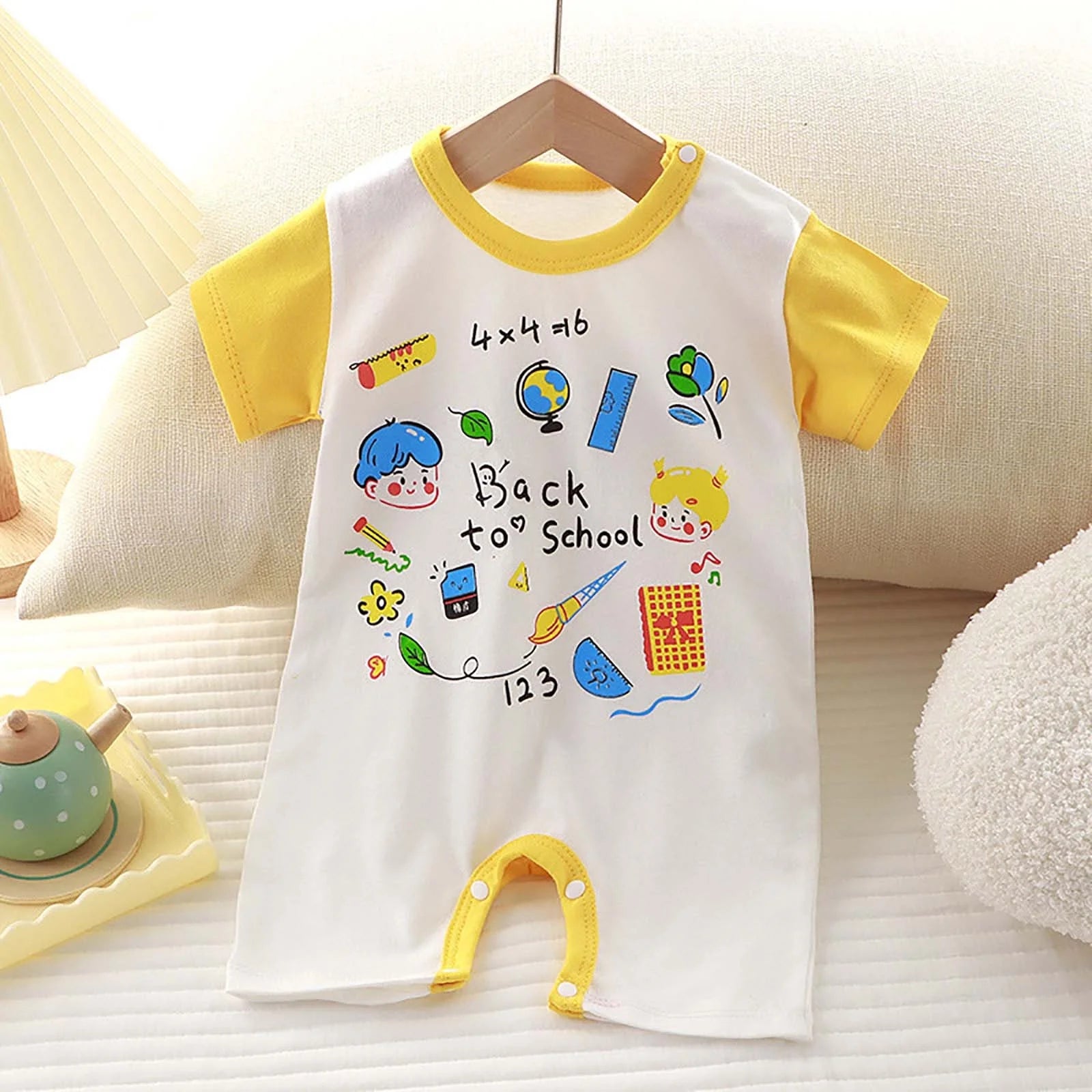 Baby Girl Romper,Cute Crew Neck Short Sleeve Bodysuit on Sale Yellow 1-2T